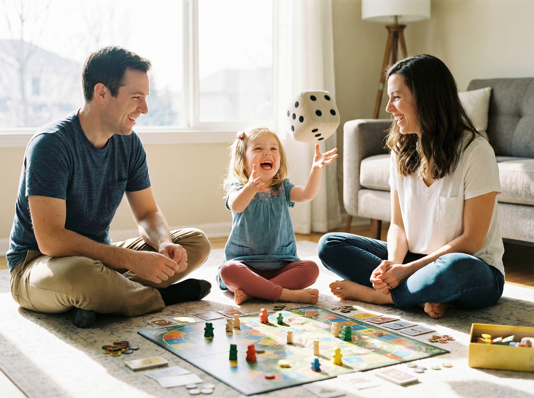 family playing cooperative board game