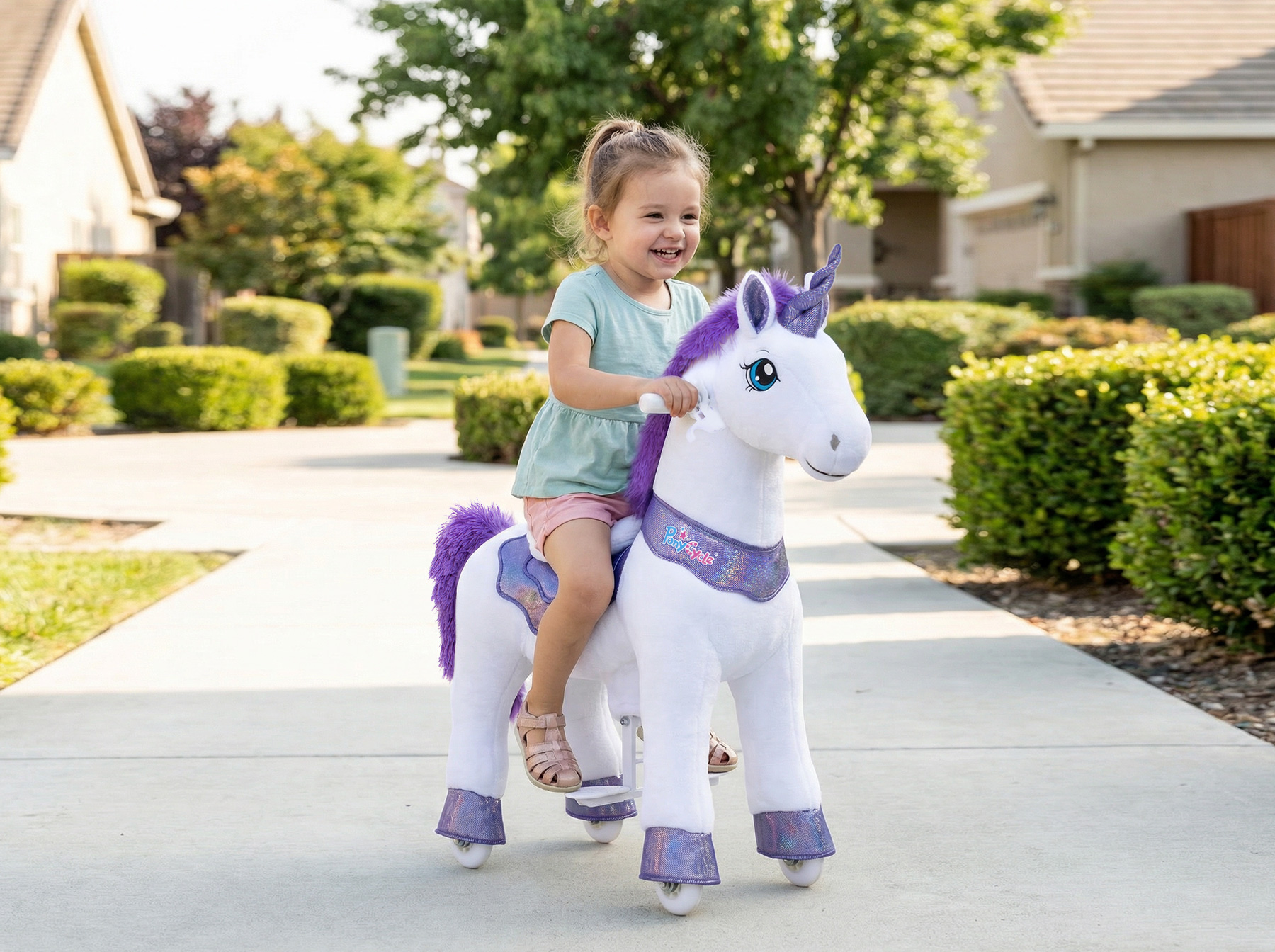 girl riding ponycycle unicorn toy