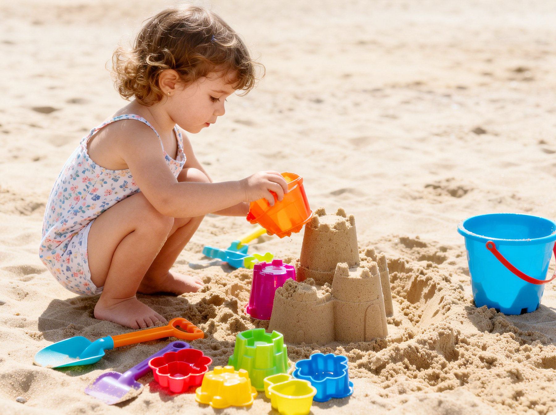 girl playing sand and beach toys