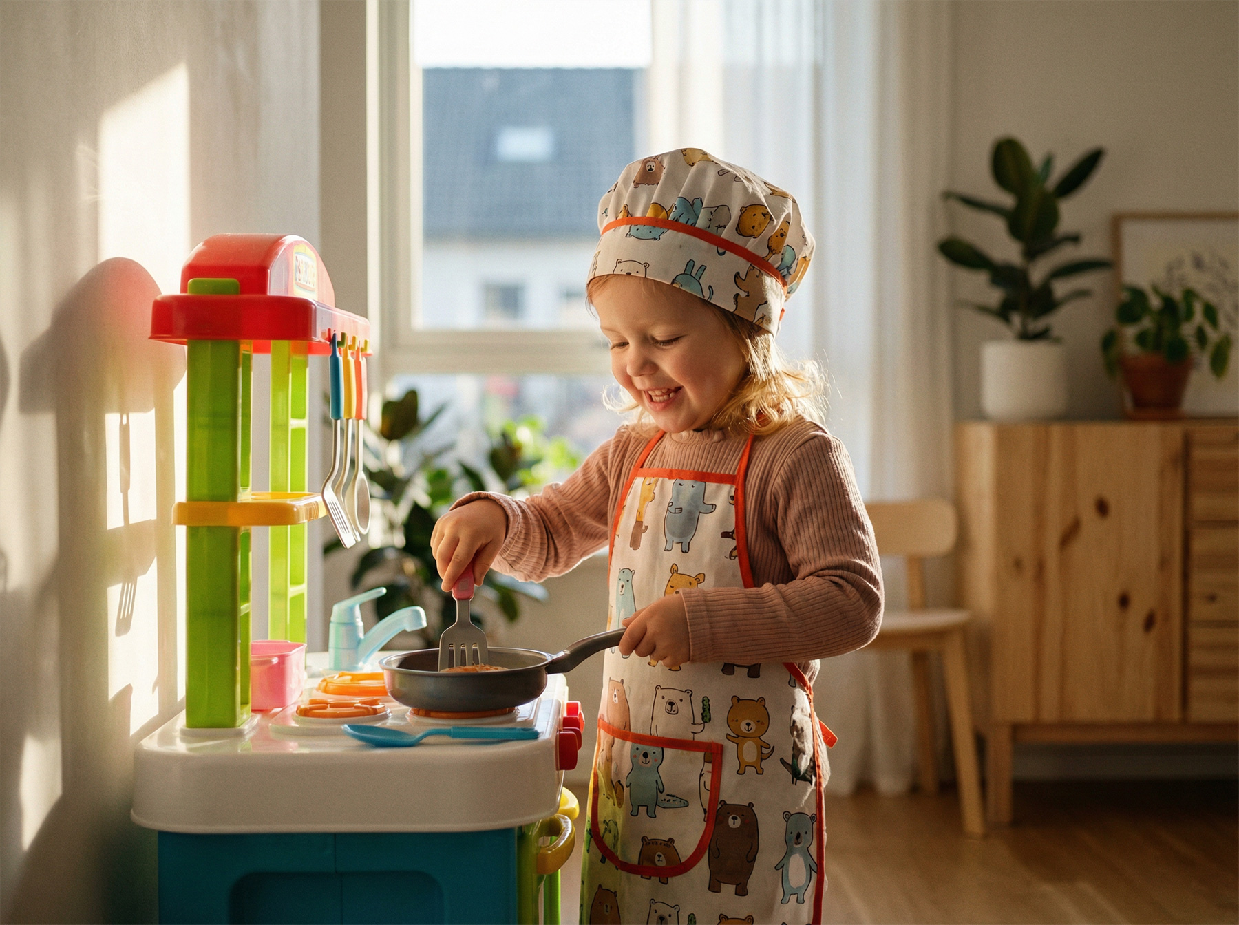 toddler playing with play kitchen