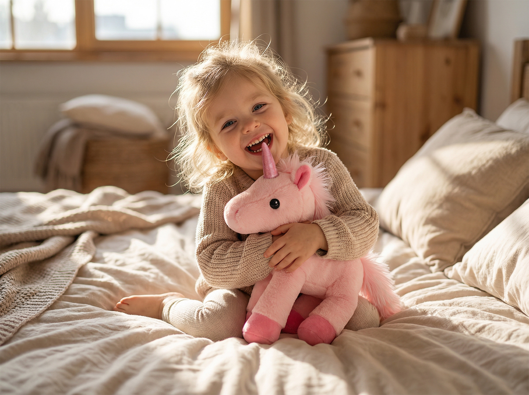 girl playing unicorn plush toy