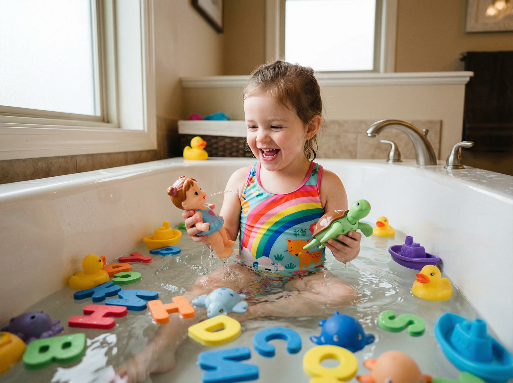 toddler playing bath toys