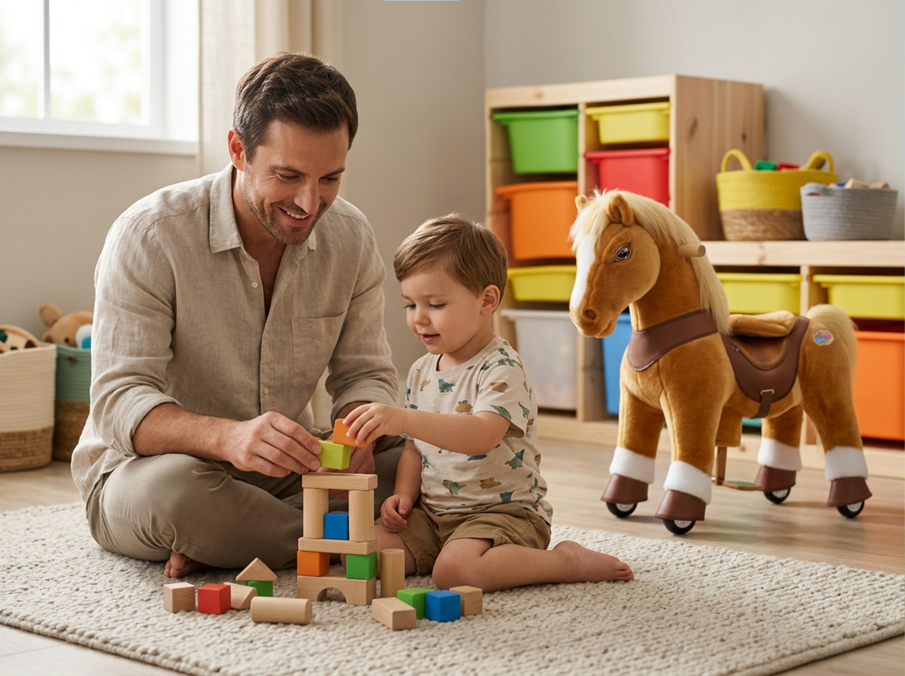 3-year-old boy playing toys with parents