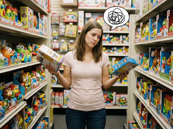 mom hesitating choosing toy for child