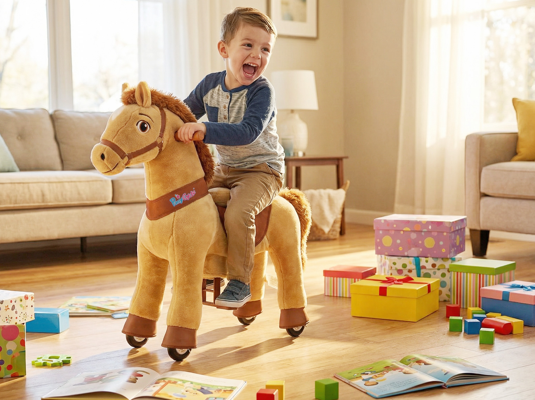 toddler boy riding PonyCycle ride-on toy