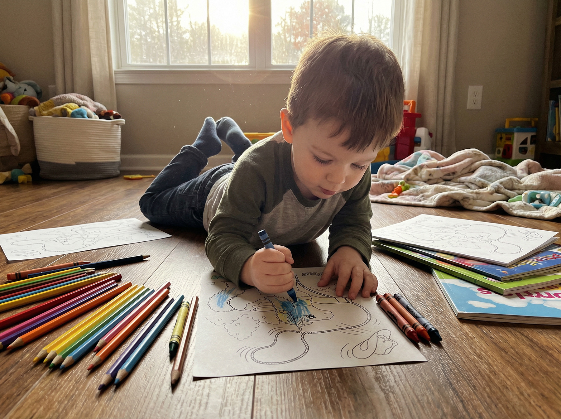 child coloring with crayons on coloring book