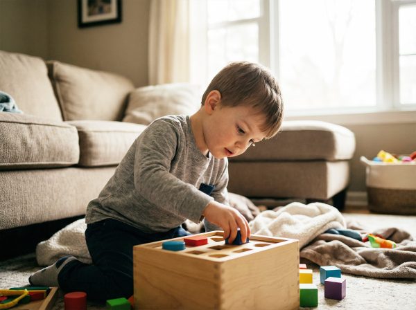 3-year-old boy building blocks