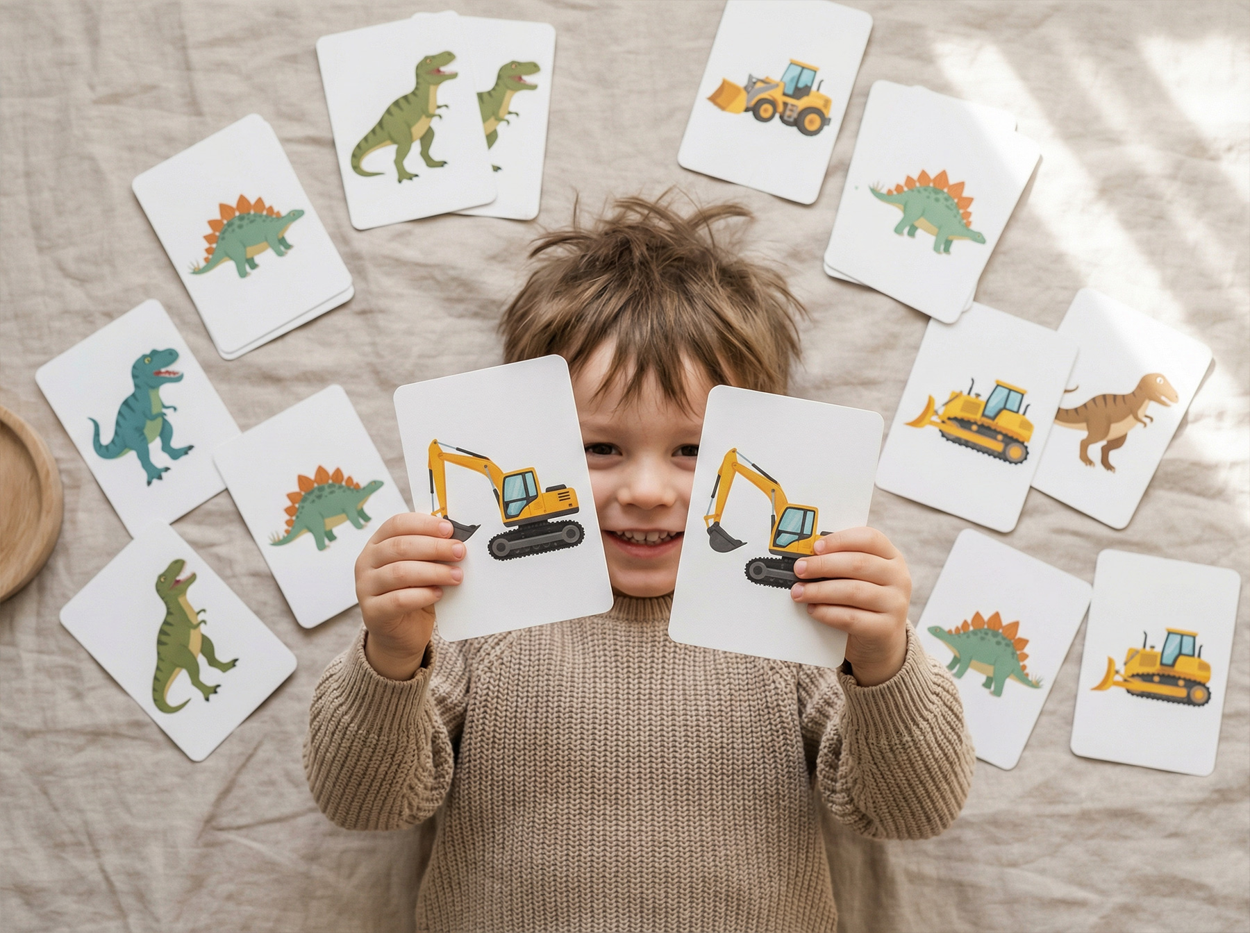 3-year-old boy playing matching cards game