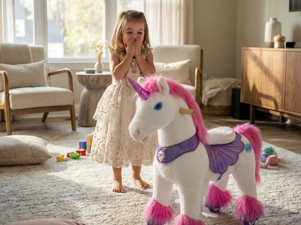 girl excited seeing ponycycle unicorn ride-on toy