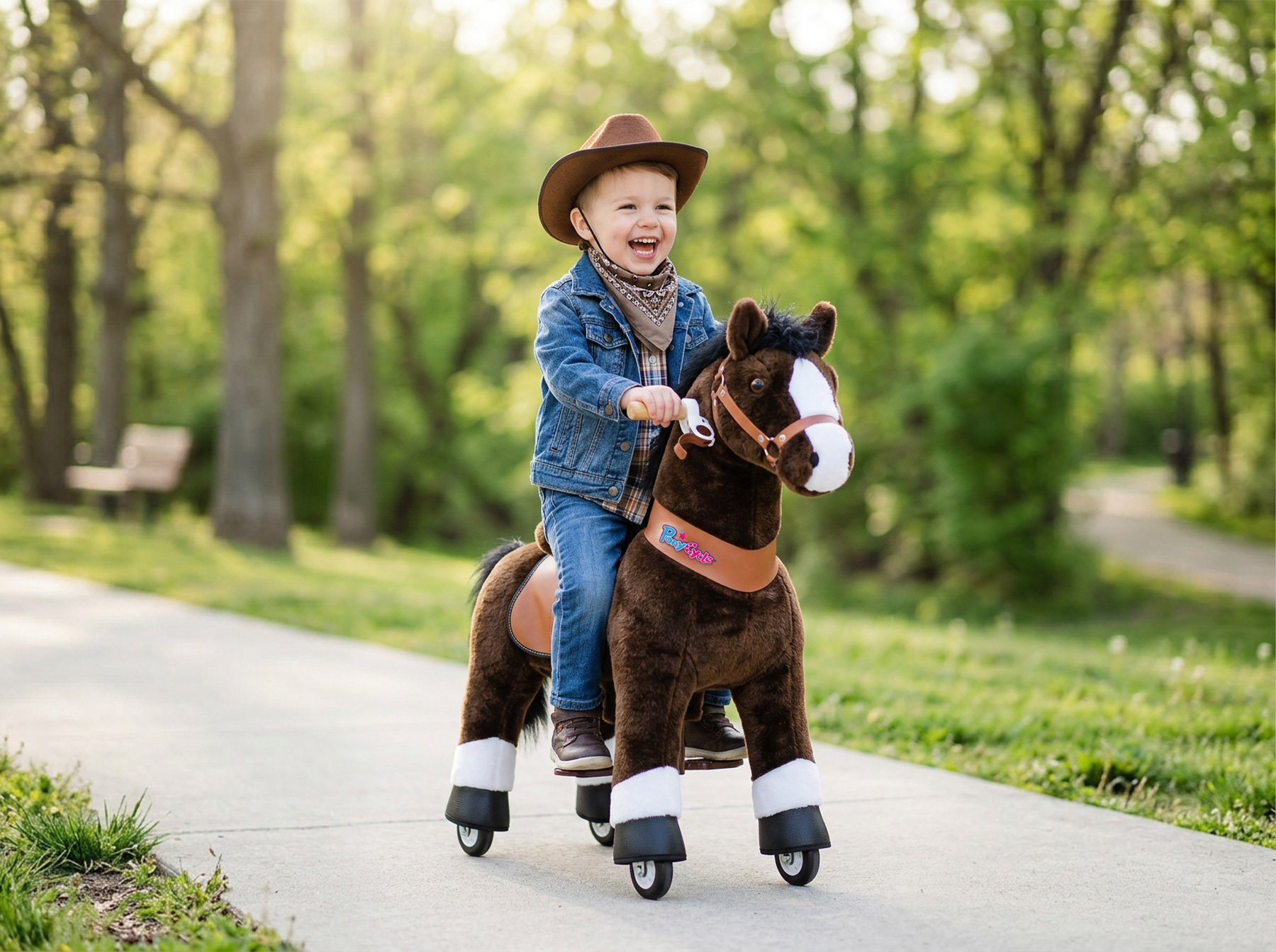 3-year-old boy riding PonyCycle horse toy