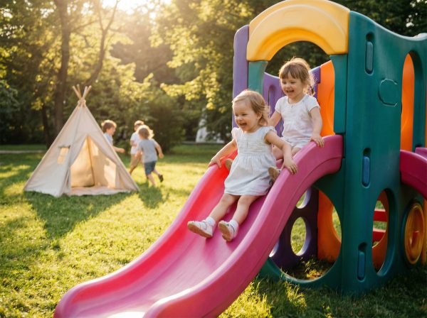 3-year-old girls playing on a slide