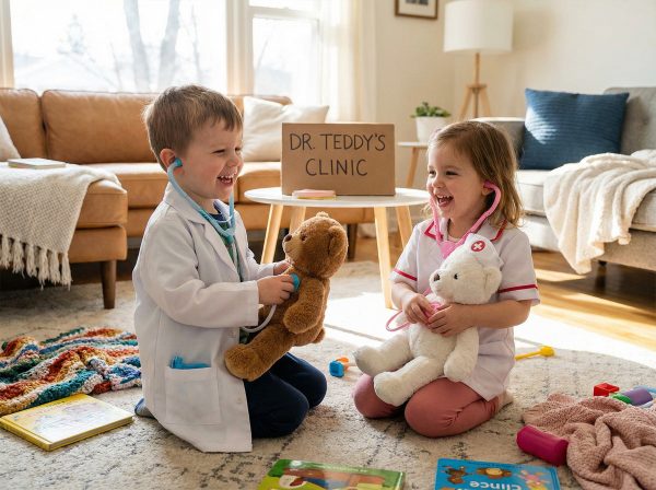 boy and girl role playing treating teddy bear