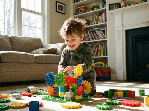 boy playing with construction blocks