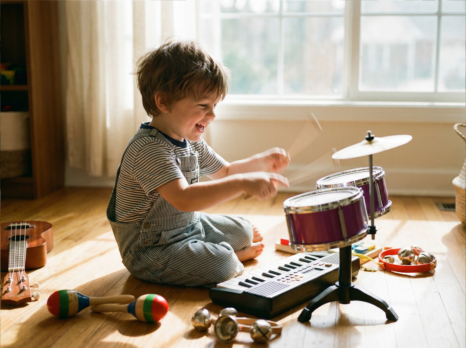 toddler boy playing drum toy