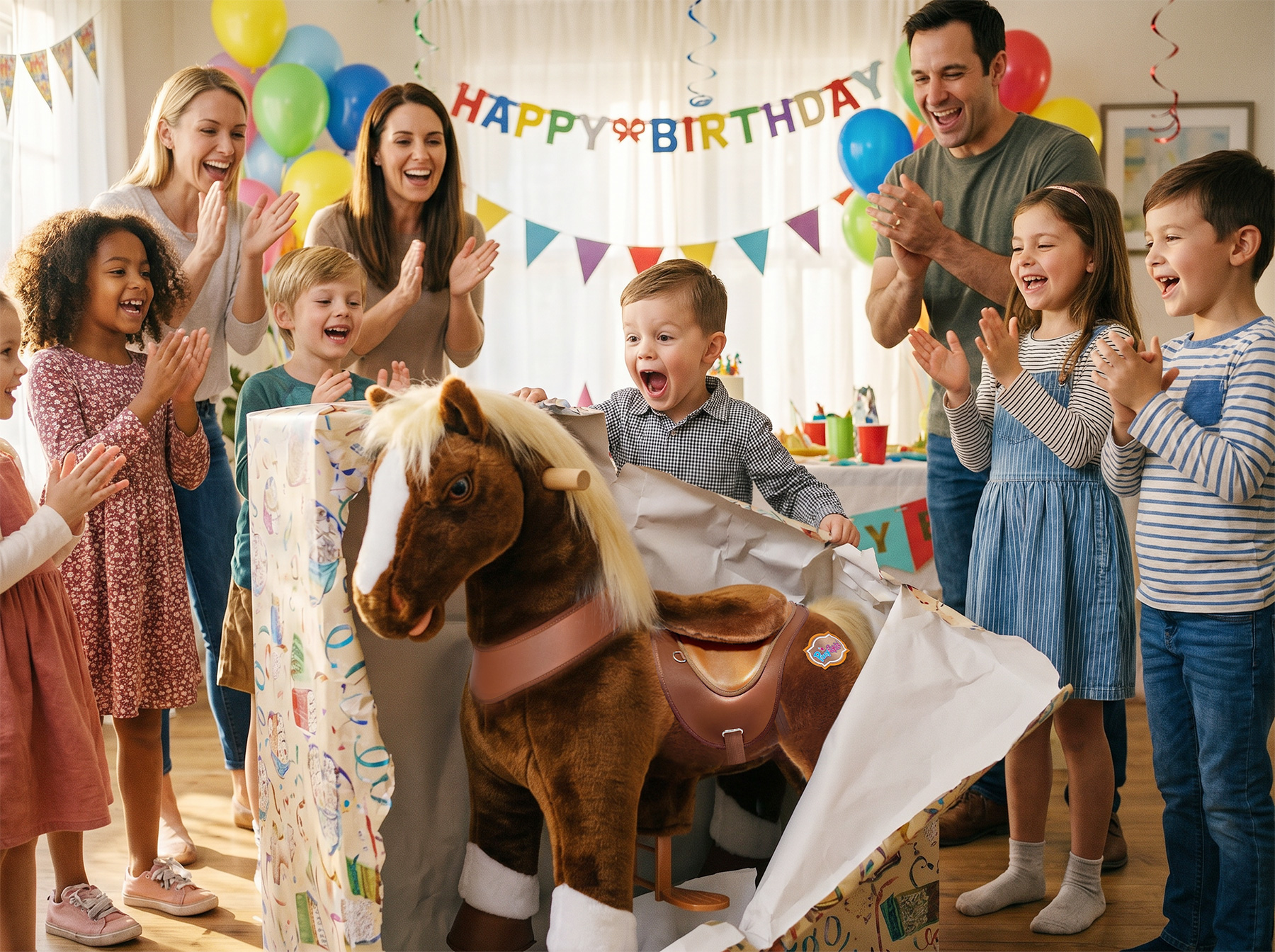 3-year-old kid surprised by ponycycle ride-on toy