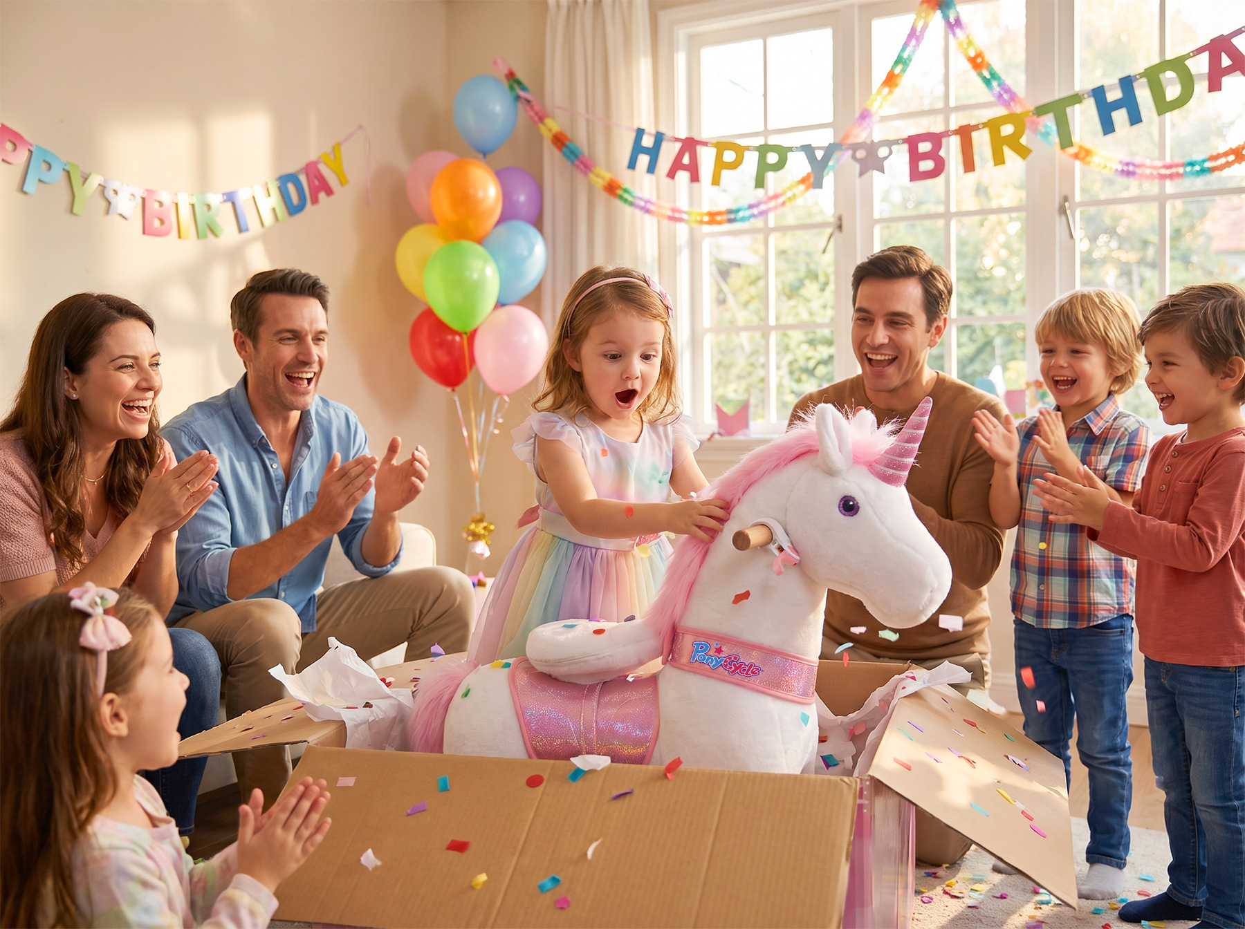 child opening ride-on toy birthday gift
