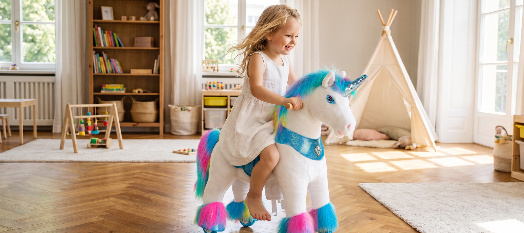 playroom with a clear stretch of open floor for riding