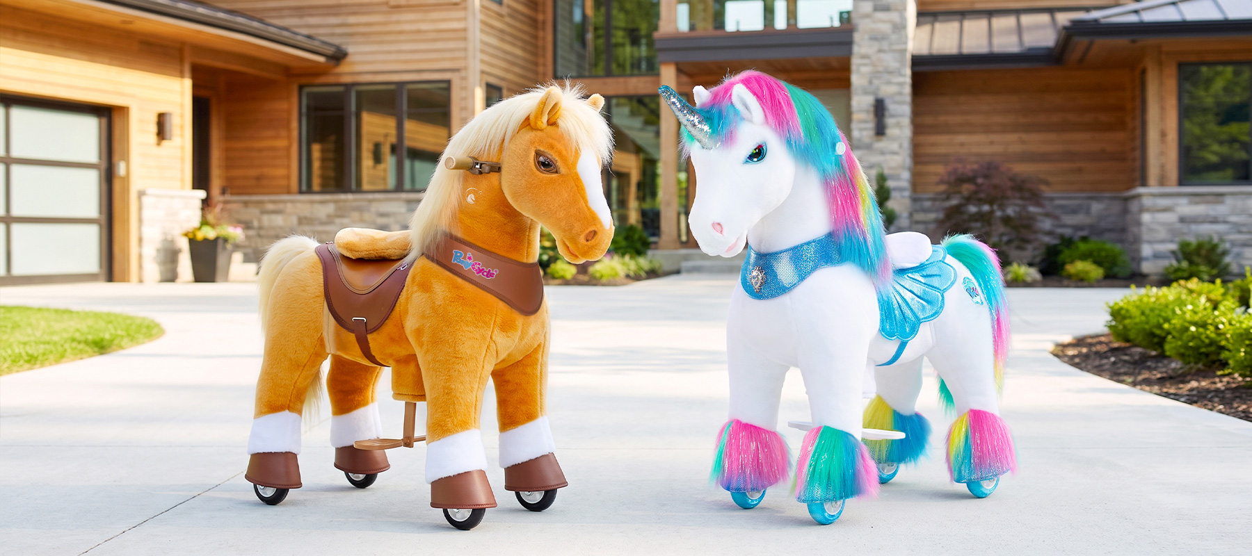 ride-on-horse-and-unicorn-toy girl riding a ride-on unicorn toy that moves forward as she bounces