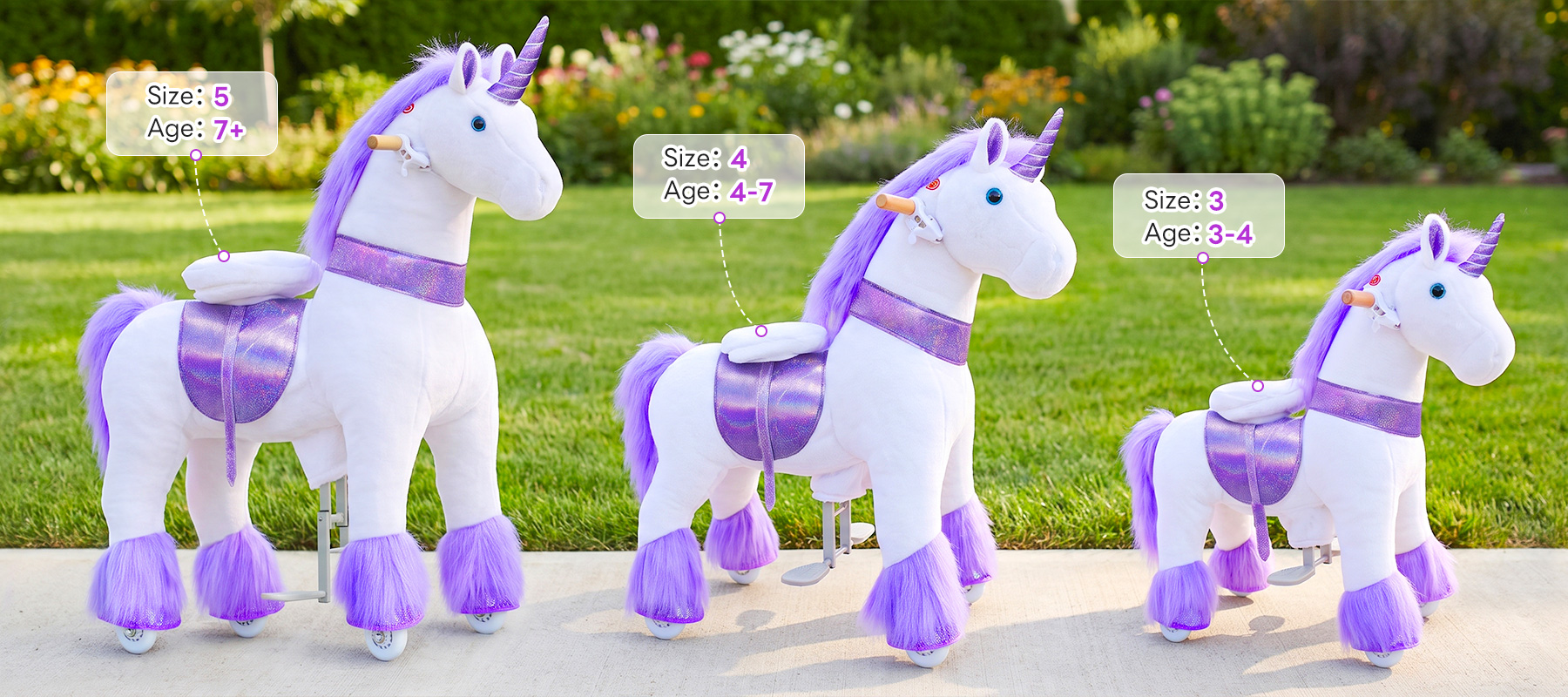 ride-on-unicorn-sizes-3-4-5-age-range size 3, size 4 and size 5 unicorns with their age ranges