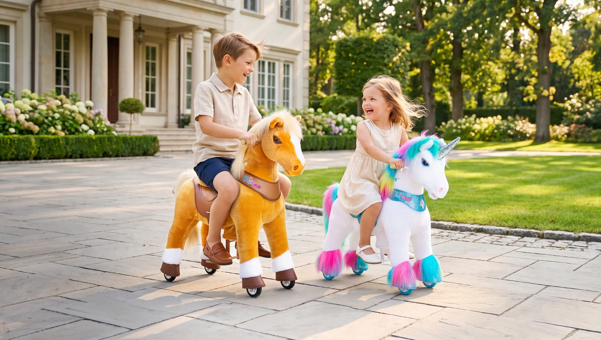 y-_-pc children riding PonyCycle ride-on horse and unicorn toys