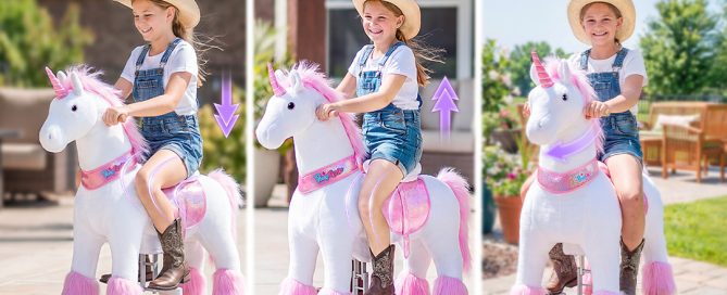 girl riding a ride-on unicorn toy in three motion steps
