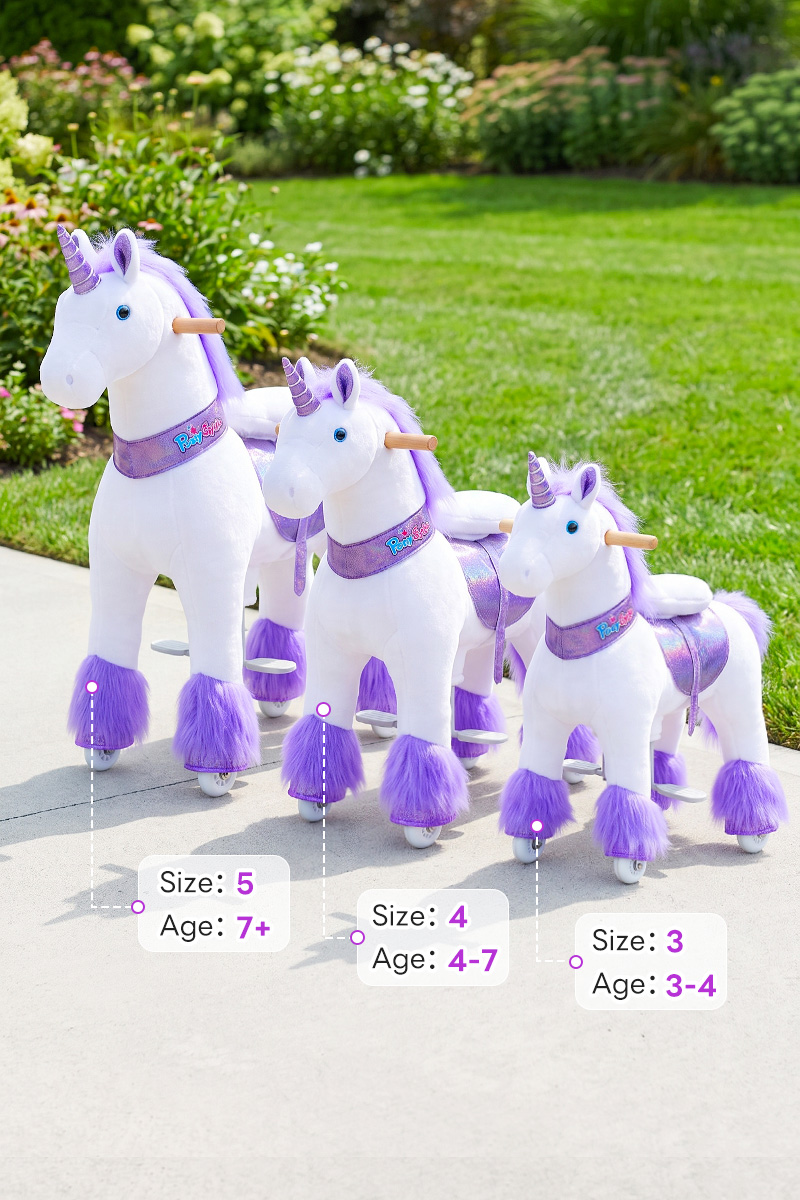 手机-ride-on-unicorn-sizes-3-4-5-age-range size 3, size 4 and size 5 unicorns with their age ranges