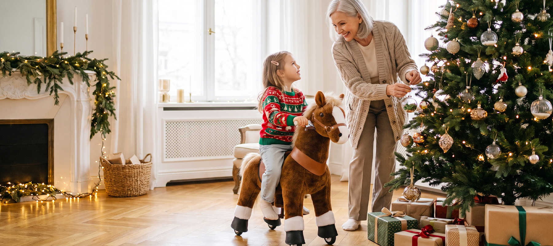 grandmother watching her granddaughter ride a ride-on horse toy