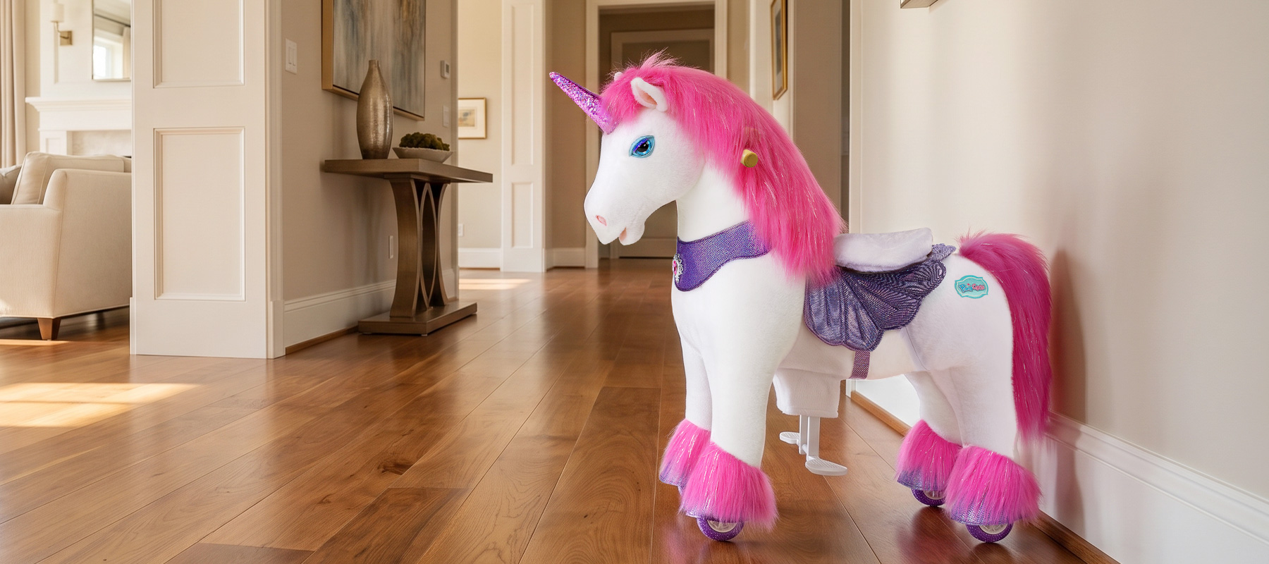 ride-on-horse-everyday-at-home horse kept in the hallway, ready to ride any day